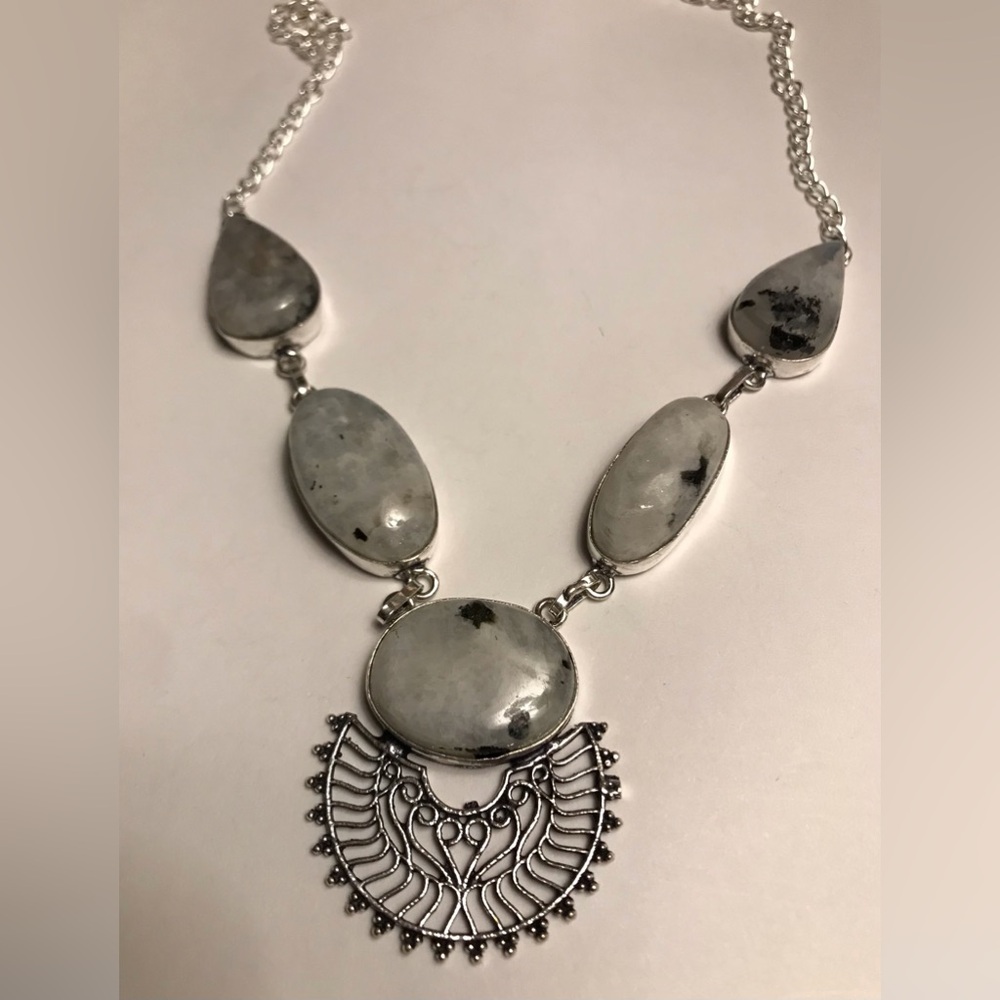 Rainbow Fire Moonstone Stamped 925 Sterling Silver Necklace